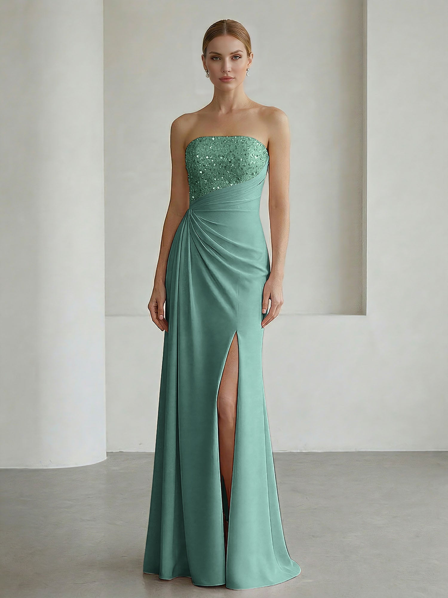 Glamorous Formal Evening Dress Soft Blush Beaded Strapless Slit Gown