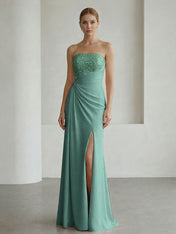 Glamorous Formal Evening Dress Soft Blush Beaded Strapless Slit Gown