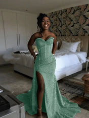 Glitter Strapless Mermaid Sequined Long Prom Dress with Slit