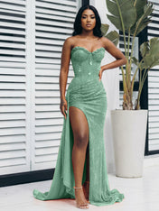 Glitter Orange Strapless Mermaid Sequined Long Prom Dress with Slit