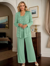 Eucalyptus Chiffon Mother of the Bride Pantsuits with Jacket & Sequins