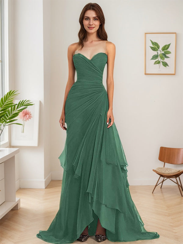 Dark Brown A Line Strapless Sweetheart Sheath Chiffon Tiered Long Formal Dress