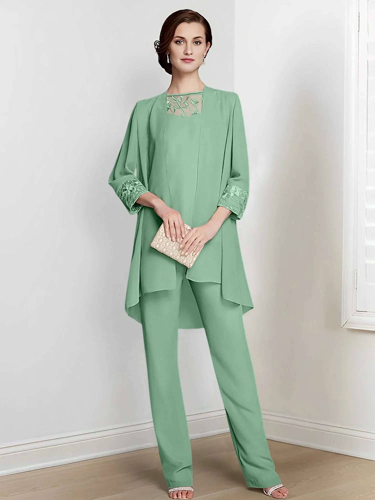 Tailleur-pantalon en mousseline à manches longues pour mère de la mariée avec veste 