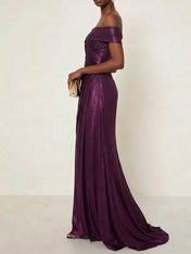 Evening Formal Dress Off the Shoulder Silver Silk Ruffles Strapless Maxi Dress