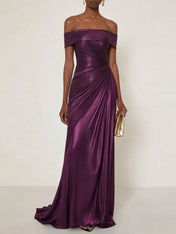 Evening Formal Dress Off the Shoulder Silver Silk Ruffles Strapless Maxi Dress