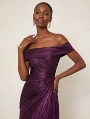 Evening Formal Dress Off the Shoulder Silver Silk Ruffles Strapless Maxi Dress