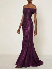 Evening Formal Dress Off the Shoulder Silver Silk Ruffles Strapless Maxi Dress