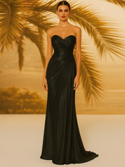 Evening Formal Dress V Neck Silk Ruffles Strapless Maxi Dress