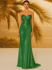 Evening Formal Dress V Neck Silk Ruffles Strapless Maxi Dress