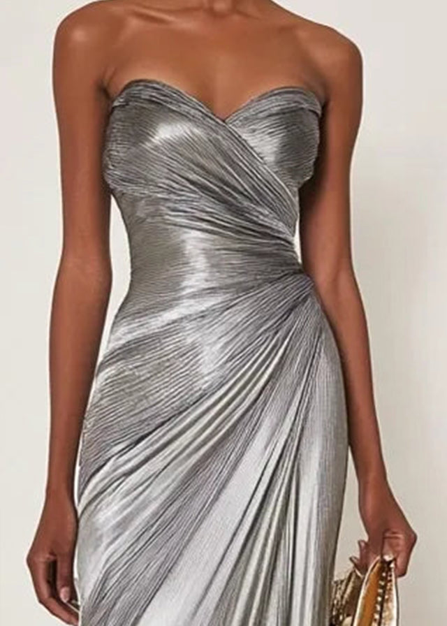 Evening Formal Dress V Neck Silver Silk Ruffles Strapless Maxi Dress