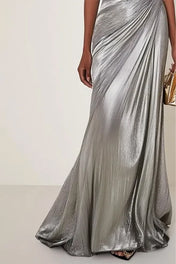 Evening Formal Dress V Neck Silver Silk Ruffles Strapless Maxi Dress Dreamylily Evening Formal Dress V Neck Silver Silk Ruffles Strapless Maxi Dress Dreamylily