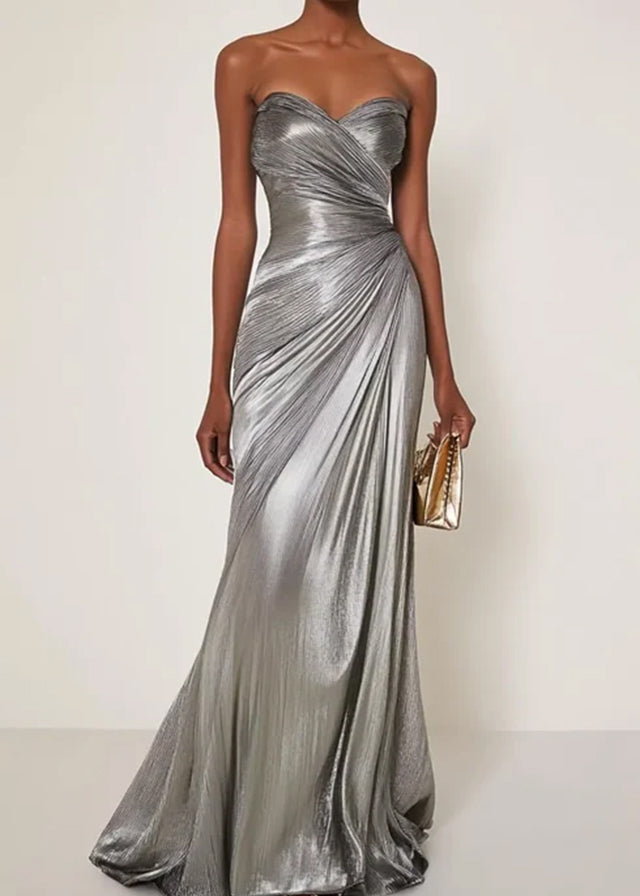 Evening Formal Dress V Neck Silver Silk Ruffles Strapless Maxi Dress