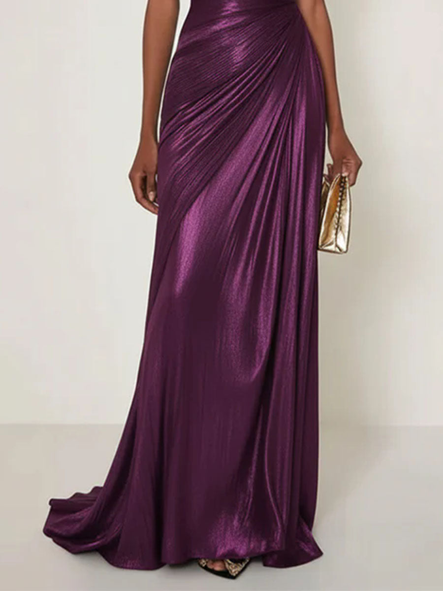 Evening Formal Dress V Neck Silver Silk Ruffles Strapless Maxi Dress
