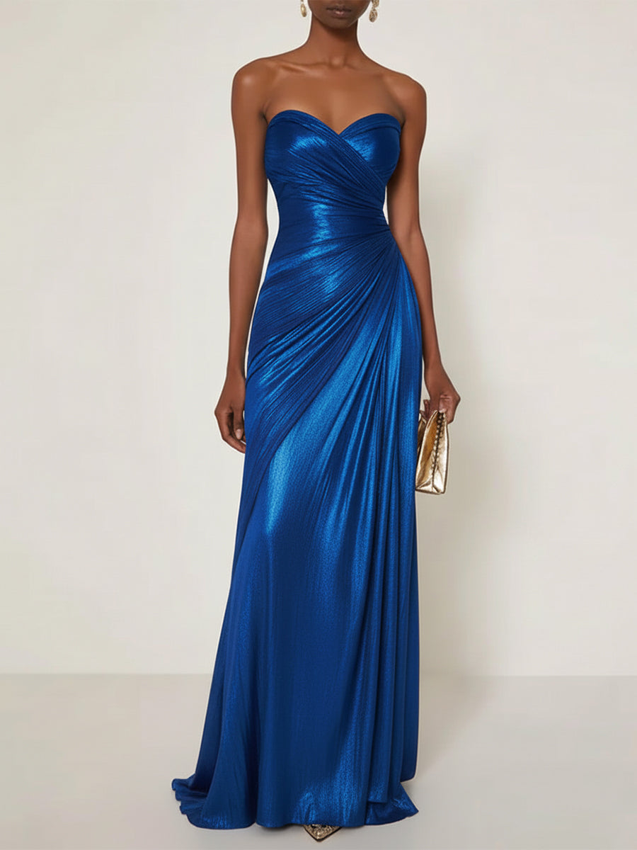 Evening Formal Dress V Neck Silver Silk Ruffles Strapless Maxi Dress
