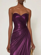 Evening Formal Dress V Neck Silver Silk Ruffles Strapless Maxi Dress