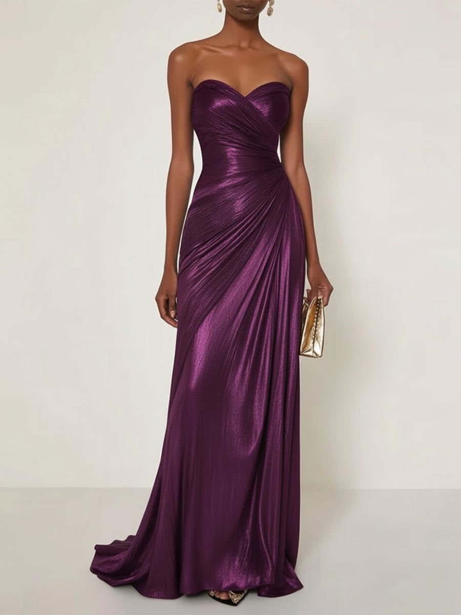 Evening Formal Dress V Neck Silver Silk Ruffles Strapless Maxi Dress