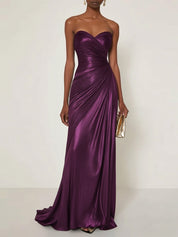 Evening Formal Dress V Neck Silver Silk Ruffles Strapless Maxi Dress