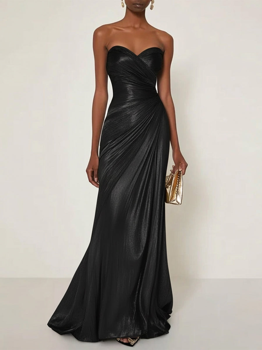 Evening Formal Dress V Neck Silver Silk Ruffles Strapless Maxi Dress