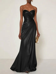 Evening Formal Dress V Neck Silver Silk Ruffles Strapless Maxi Dress
