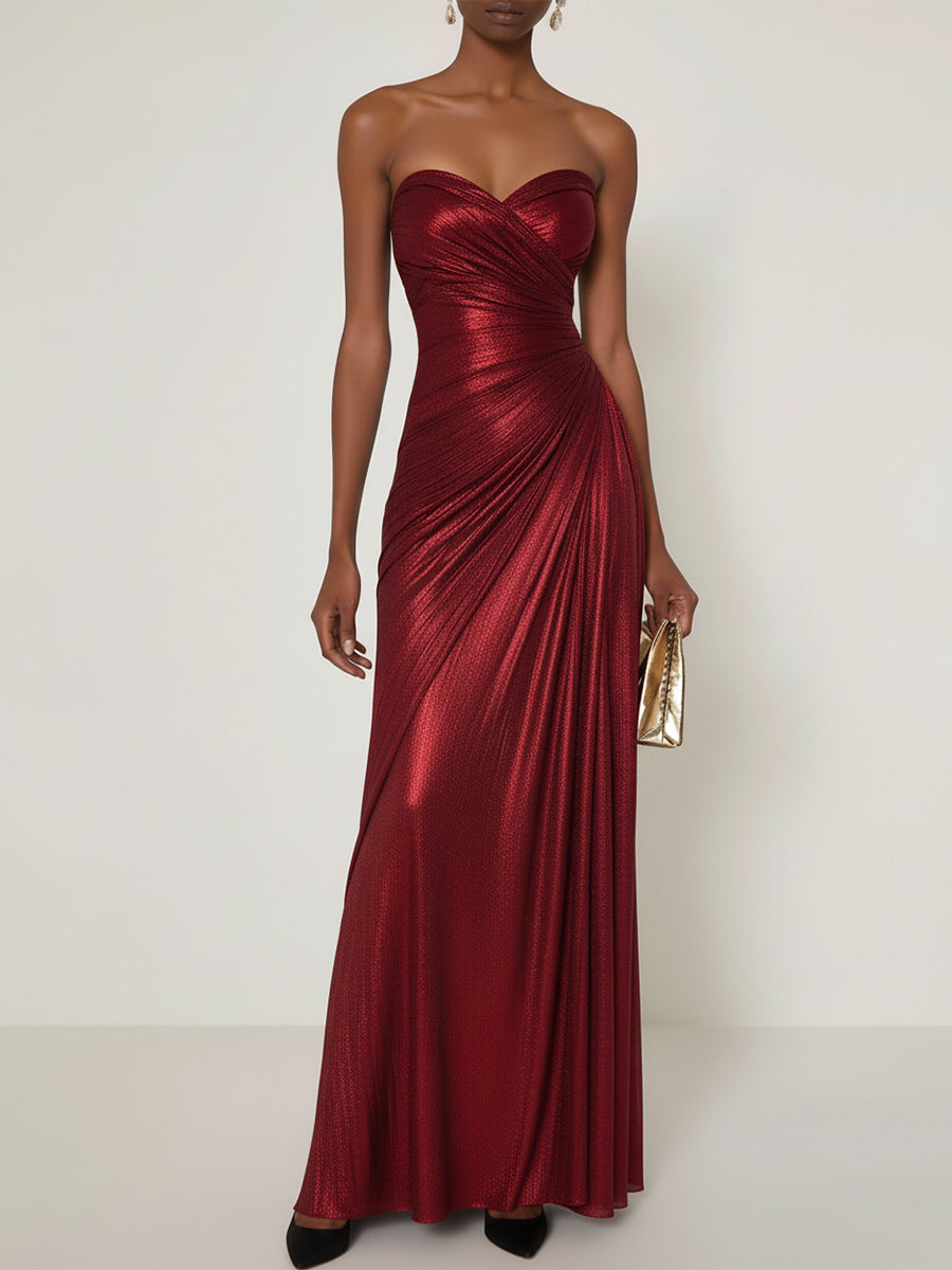 Evening Formal Dress V Neck Silver Silk Ruffles Strapless Maxi Dress