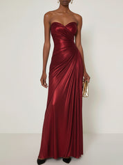 Evening Formal Dress V Neck Silver Silk Ruffles Strapless Maxi Dress