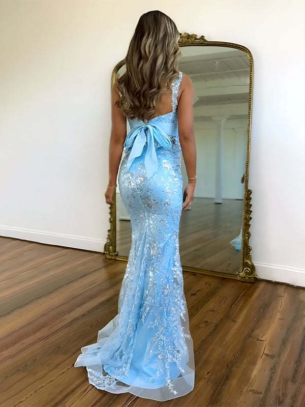 Light Blue Mermaid Straps Sequined  Long Prom Dress with Appliques