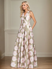 A-Line V-Neck Pink Floral Mother of the Bride Dress