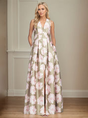 A-Line V-Neck Pink Floral Mother of the Bride Dress