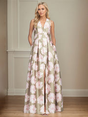 A-Line V-Neck Pink Floral Mother of the Bride Dress