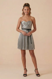 Silver Strapless Pleated Metallic Short Homecoming Dress