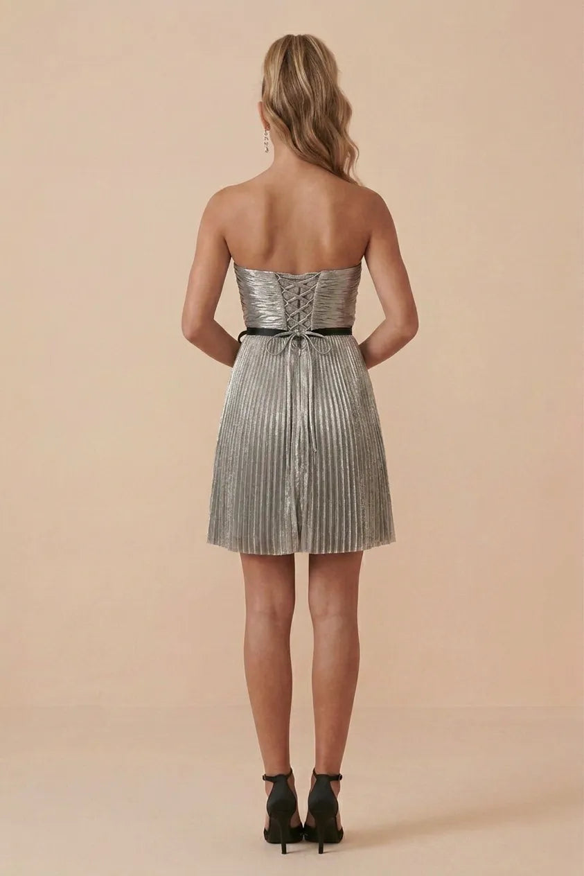 Silver Strapless Pleated Metallic Short Homecoming Dress
