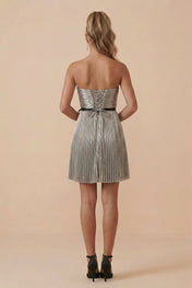 Silver Strapless Pleated Metallic Short Homecoming Dress