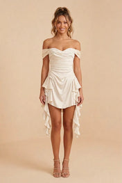 Ivory Off-The-Shoulder Ruched Ruffle Hem Mini Homecoming Dresses