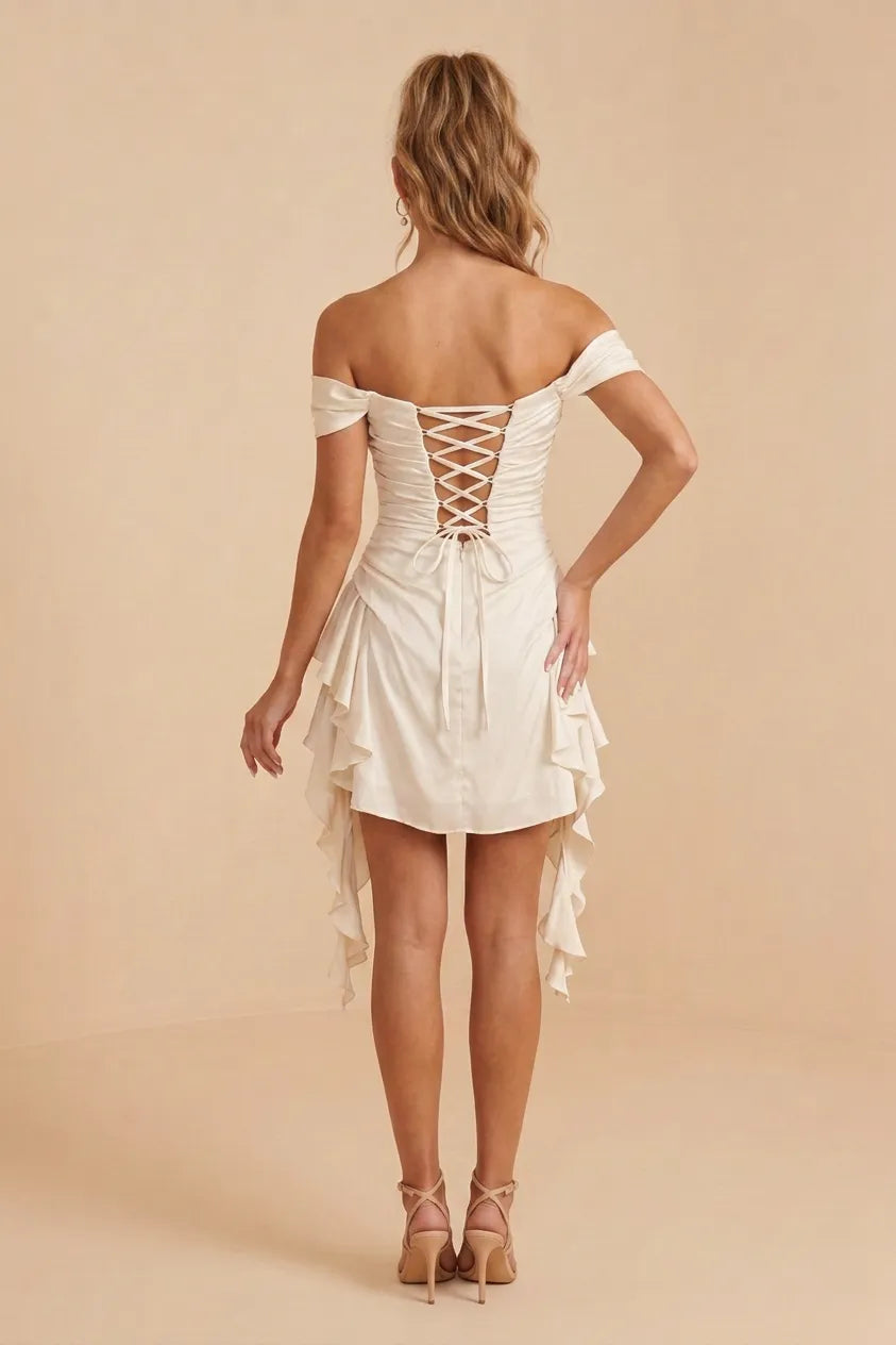 Ivory Off-The-Shoulder Ruched Ruffle Hem Mini Homecoming Dresses