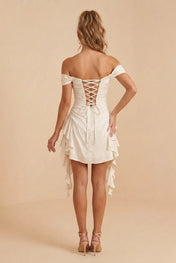 Ivory Off-The-Shoulder Ruched Ruffle Hem Mini Homecoming Dresses
