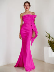 White Mermaid Strapless Sheath Satin Long Formal Dress with Slit