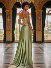 Fitted Applique V Neck Silk like Satin Corset Prom Dress with Slit