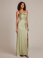 Dusty Sage Sheath/Column Spaghetti Straps Sleeveless Floor-Length Satin Bridesmaid Dress