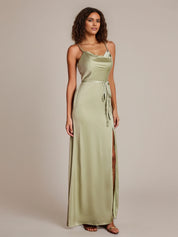 Dusty Sage Sheath/Column Spaghetti Straps Sleeveless Floor-Length Satin Bridesmaid Dress