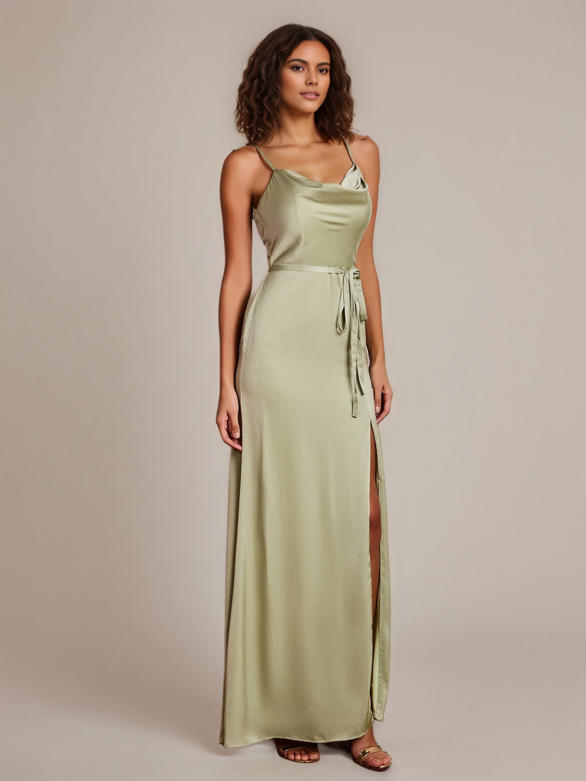 Dusty Sage Sheath/Column Spaghetti Straps Sleeveless Floor-Length Satin Bridesmaid Dress