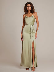 Dusty Sage Sheath/Column Spaghetti Straps Sleeveless Floor-Length Satin Bridesmaid Dress