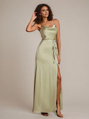 Dusty Sage Sheath/Column Spaghetti Straps Sleeveless Floor-Length Satin Bridesmaid Dress