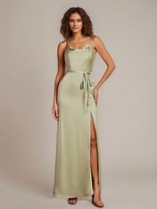 Dusty Sage Sheath/Column Spaghetti Straps Sleeveless Floor-Length Satin Bridesmaid Dress