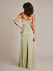 Dusty Sage Sheath/Column Spaghetti Straps Sleeveless Floor-Length Satin Bridesmaid Dress