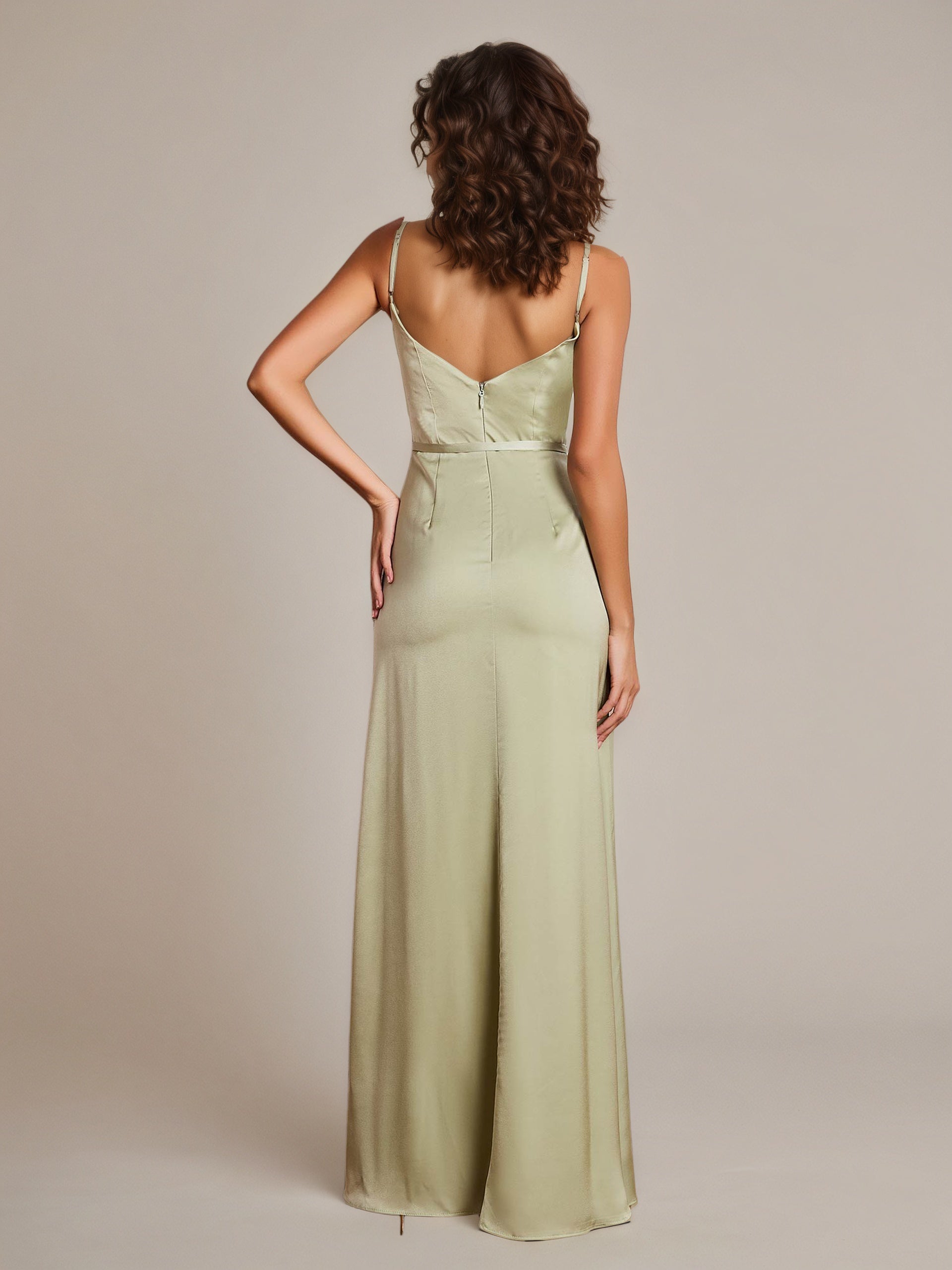 Dusty Sage Sheath/Column Spaghetti Straps Sleeveless Floor-Length Satin Bridesmaid Dress
