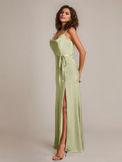 Dusty Sage Sheath/Column Spaghetti Straps Sleeveless Floor-Length Satin Bridesmaid Dress