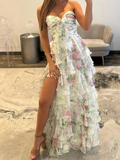 Floral Print Tiered Ruffle Prom Gown with Tie-Front Bow