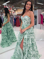 Floral Sweetheart Ruffled A-Line Long Prom Dress with Slit