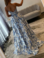 Floral Tiered Ruffle Beaded Corset Prom Dress with Slit