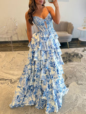 Floral Tiered Ruffle Beaded Corset Prom Dress with Slit